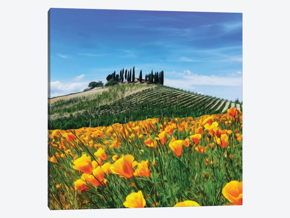 Yellow Flowers On The Background Of A Hill With A Vineyard In Tuscany by Ievgeniia Bidiuk 1-piece Canvas Artwork