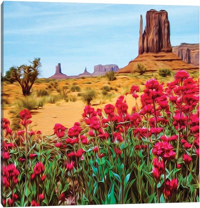 Blooming Red Flowers Against The Background Of The Texas Desert Canvas Art Print - Texas Art