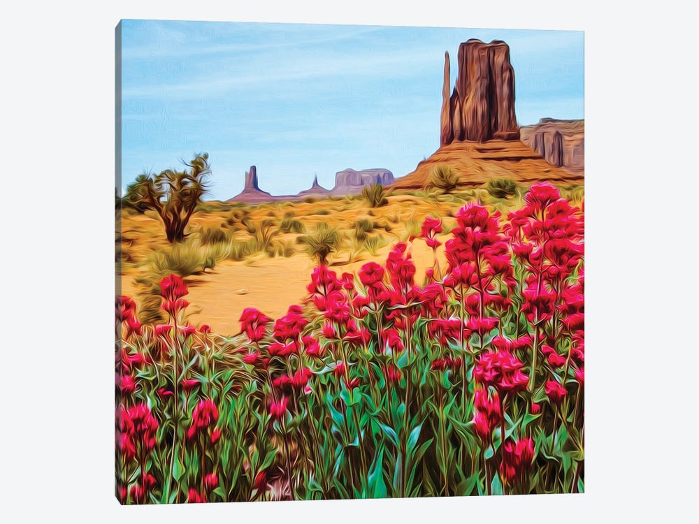 Blooming Red Flowers Against The Background Of The Texas Desert by Ievgeniia Bidiuk 1-piece Canvas Art Print