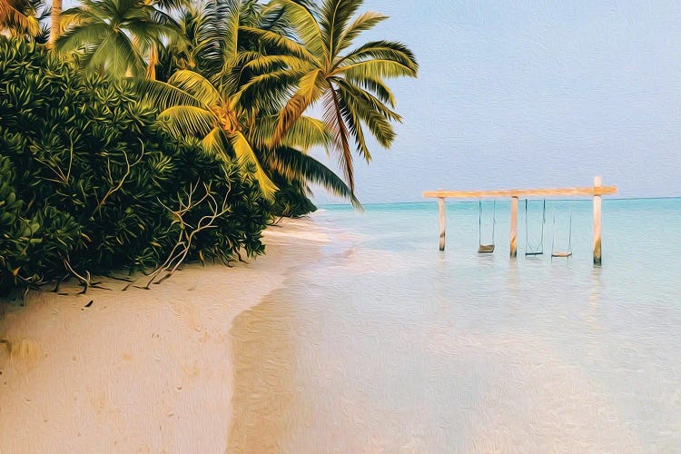 Wooden Swing In The Water Near The Sandy Beach By The Ocean