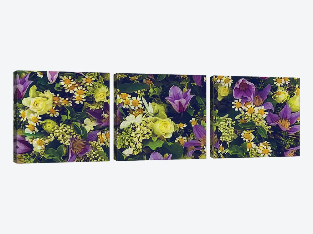 Background From Flowers Of Daisies, Yellow Roses, Purple Clematis And White Lilac by Ievgeniia Bidiuk 3-piece Art Print