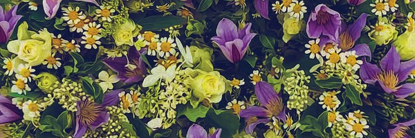 Lilacs: Background From Flowers Of Daisies, Yellow Roses, Purple Clematis And White Lilac by Ievgeniia Bidiuk