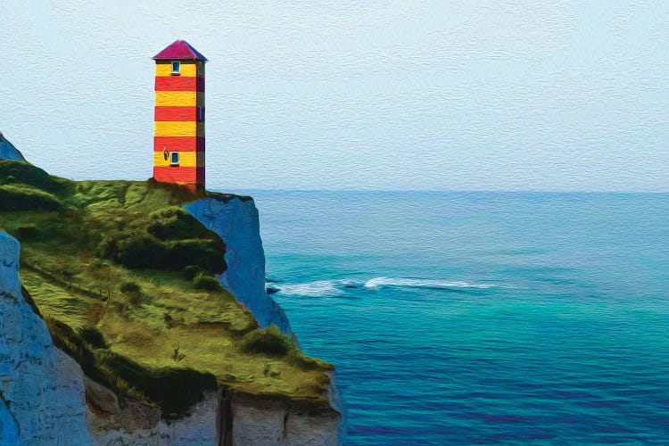 A Tall Tower With Red And White Stripes On The Edge Of The Stone Bank by Ievgeniia Bidiuk wall art