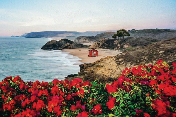 Ievgeniia Bidiuk: A Wooden House On A Sandy Shore, A View From A Blooming Mountain Meadow by Ievgeniia Bidiuk