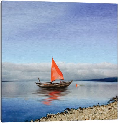 Wooden Boat With A Red Sail On The Lake Canvas Art Print - Ievgeniia Bidiuk