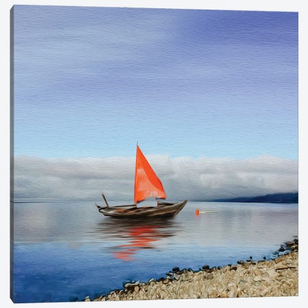 Wooden Boat With A Red Sail On The Lake Canvas Print #IVG268} by Ievgeniia Bidiuk Canvas Wall Art