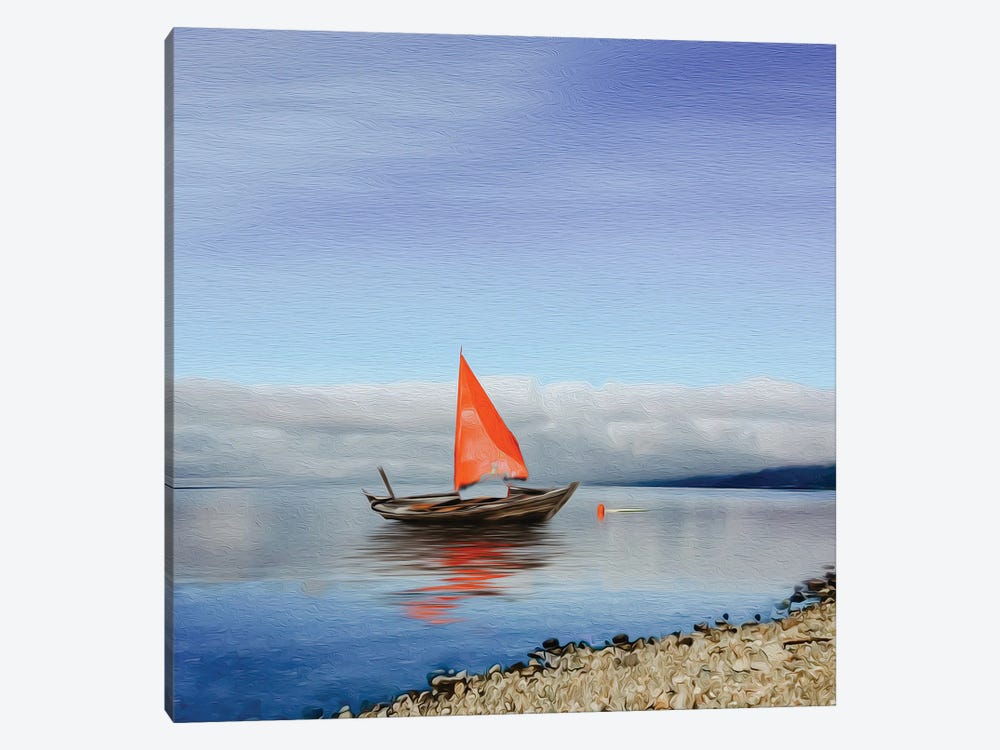 Wooden Boat With A Red Sail On The Lake by Ievgeniia Bidiuk 1-piece Canvas Print