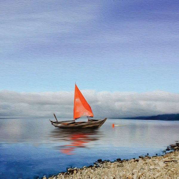 Rowboats: Wooden Boat With A Red Sail On The Lake by Ievgeniia Bidiuk