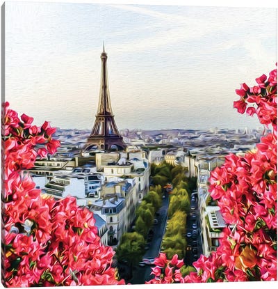 Blooming Begonia Against The Background Of Paris Canvas Art Print