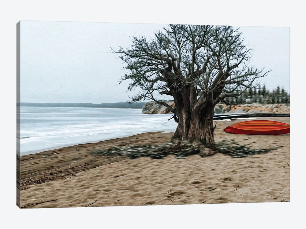 Big Tree And An Orange Boat On The Shore Of A Winter Lake by Ievgeniia Bidiuk 1-piece Canvas Art