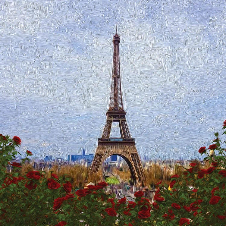 Painting Of Paris With Rose Flowers