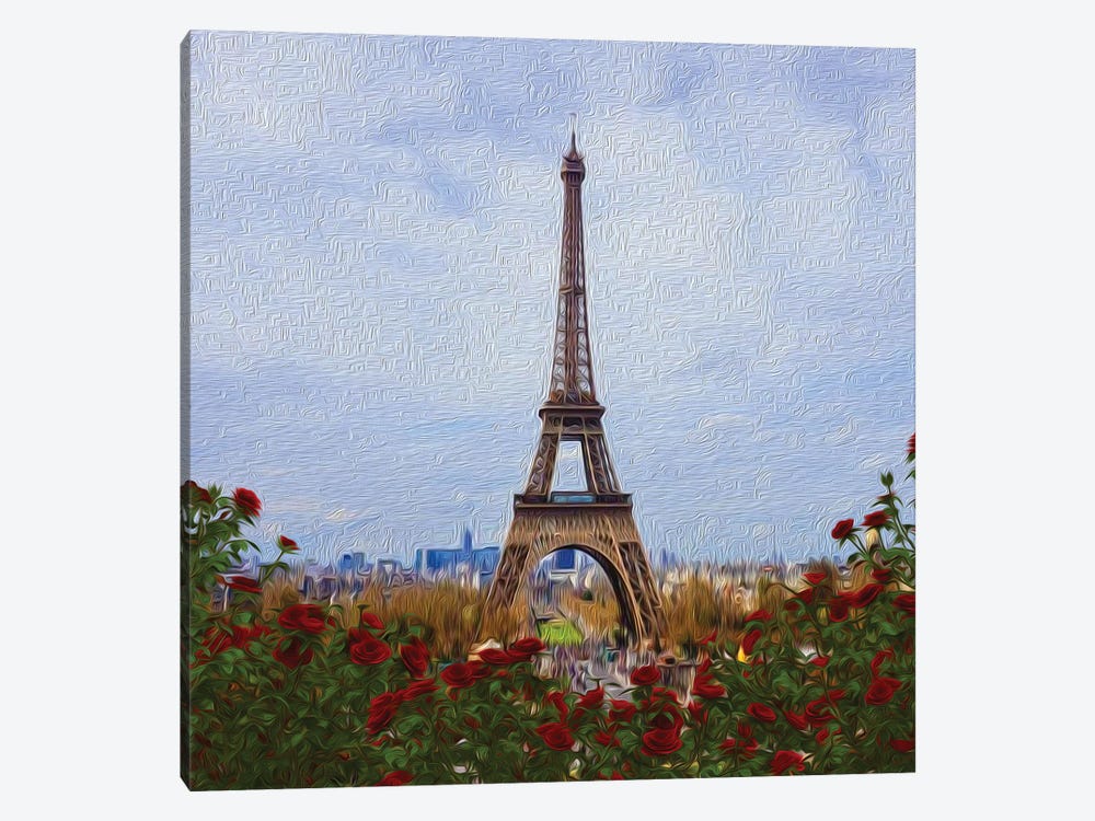 Painting Of Paris With Rose Flowers by Ievgeniia Bidiuk 1-piece Canvas Artwork