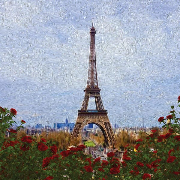 Painting Of Paris With Rose Flowers