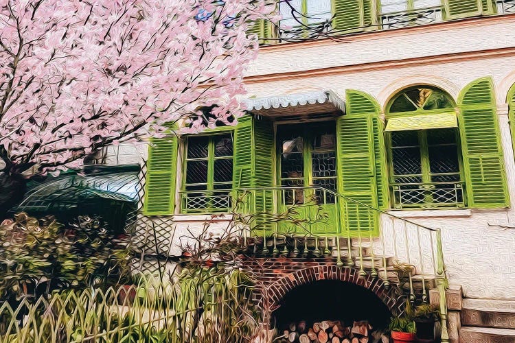 Blooming Sakura On The Background Of A House With Shutters