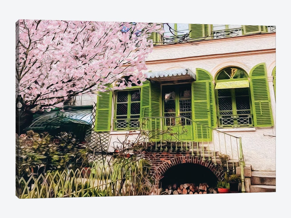 Blooming Sakura On The Background Of A House With Shutters by Ievgeniia Bidiuk 1-piece Canvas Artwork