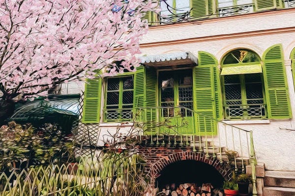 Ievgeniia Bidiuk: Blooming Sakura On The Background Of A House With Shutters by Ievgeniia Bidiuk