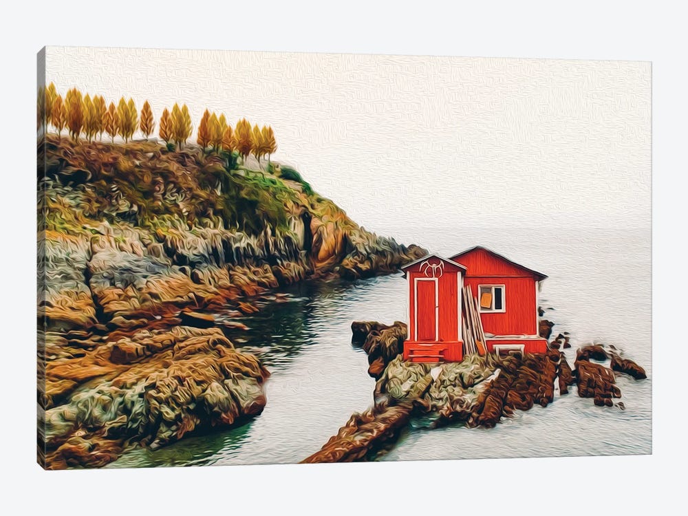 Red House On The Rocky Shore by Ievgeniia Bidiuk 1-piece Canvas Artwork