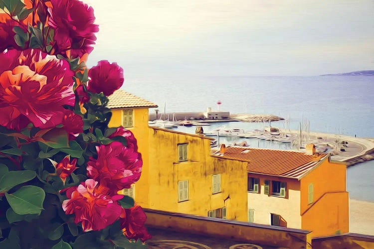 Rose Bush On The Background Of A Fishing Town