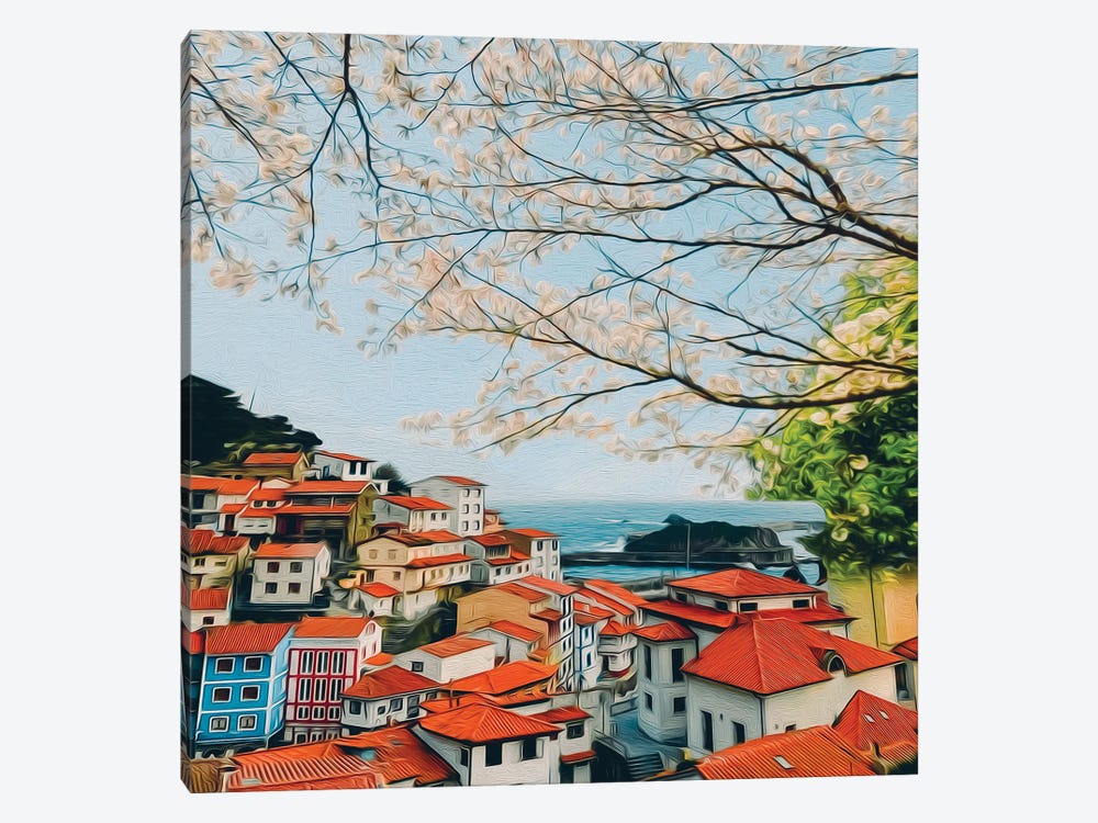 Blossoming Cherry Branches Over The Old Town By The Sea by Ievgeniia Bidiuk 1-piece Canvas Art Print