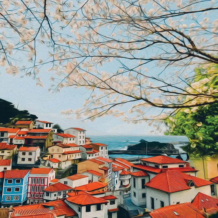 Blossoming Cherry Branches Over The Old Town By The Sea