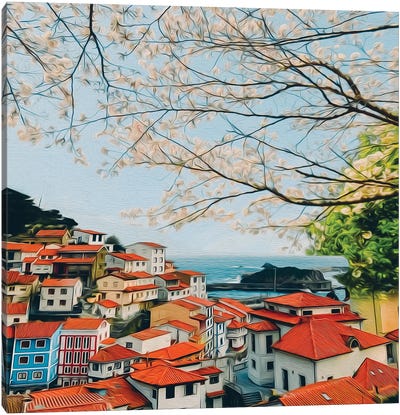 Blossoming Cherry Branches Over The Old Town By The Sea Canvas Art Print - Ievgeniia Bidiuk