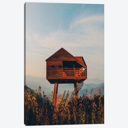 Wooden House In The Steppe Against The Background Of Mountains Canvas Print #IVG306} by Ievgeniia Bidiuk Canvas Wall Art