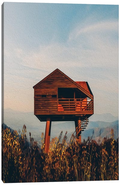 Wooden House In The Steppe Against The Background Of Mountains Canvas Art Print - Ievgeniia Bidiuk