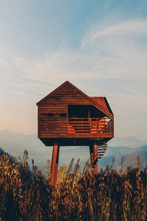 Wooden House In The Steppe Against The Background Of Mountains