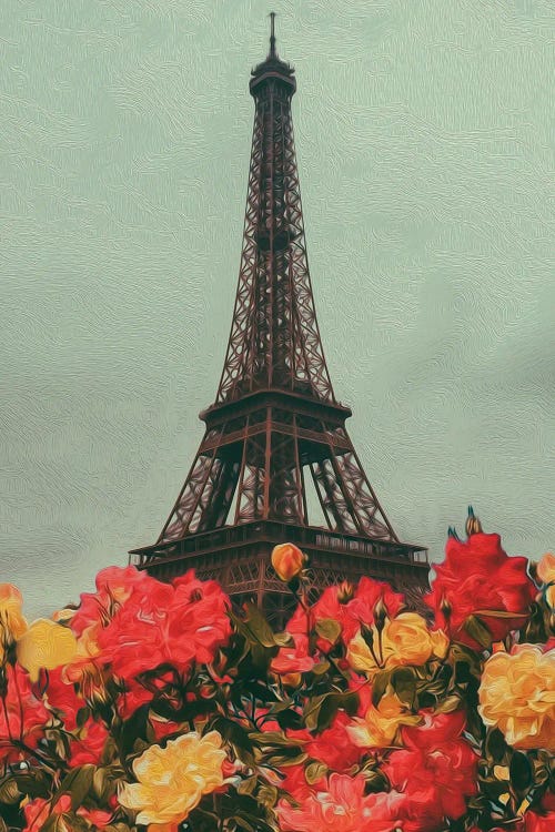 Vintage Paris Postcard With Red And Yellow Roses On Background