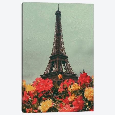 Vintage Paris Postcard With Red And Yellow Roses On Background Canvas Print #IVG309} by Ievgeniia Bidiuk Canvas Art Print