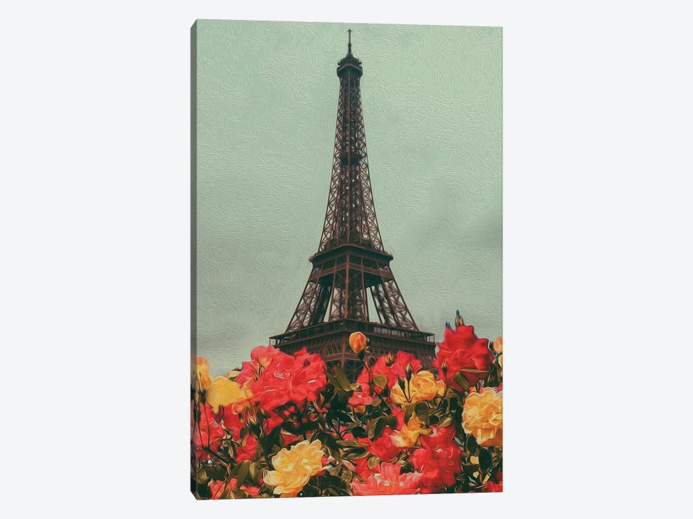 Vintage Paris Postcard With Red And Yellow Roses On Background by Ievgeniia Bidiuk 1-piece Canvas Art Print