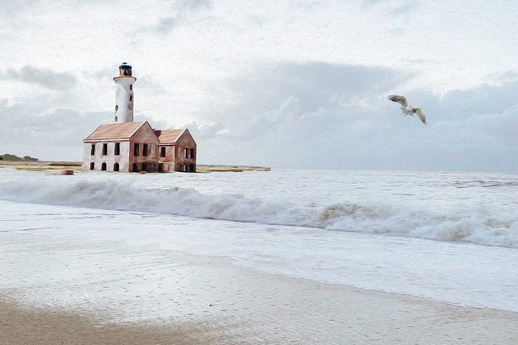 Seascape With An Abandoned Lighthouse And A Flying Seagull