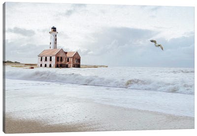 Seascape With An Abandoned Lighthouse And A Flying Seagull Canvas Art Print - Gull & Seagull Art