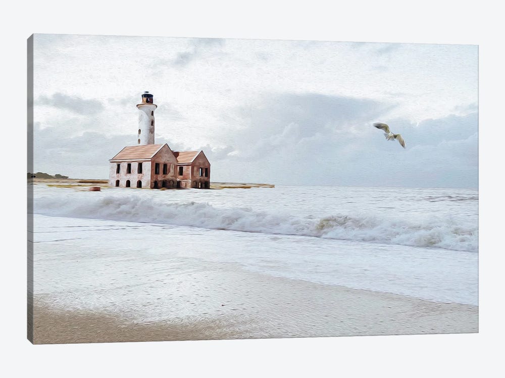 Seascape With An Abandoned Lighthouse And A Flying Seagull by Ievgeniia Bidiuk 1-piece Canvas Art Print