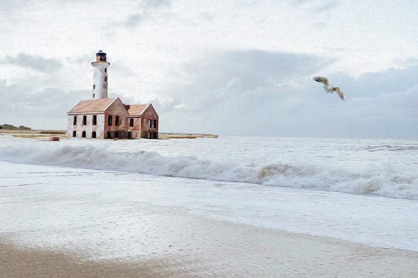 Ievgeniia Bidiuk: Seascape With An Abandoned Lighthouse And A Flying Seagull by Ievgeniia Bidiuk