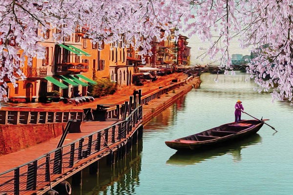 Blossoms: Blooming Sakura Against The Background Of The Japanese Village by Ievgeniia Bidiuk