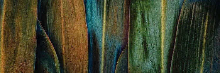 Background From Tropical Leaves In Yellow, Blue, Green, Brown Colors