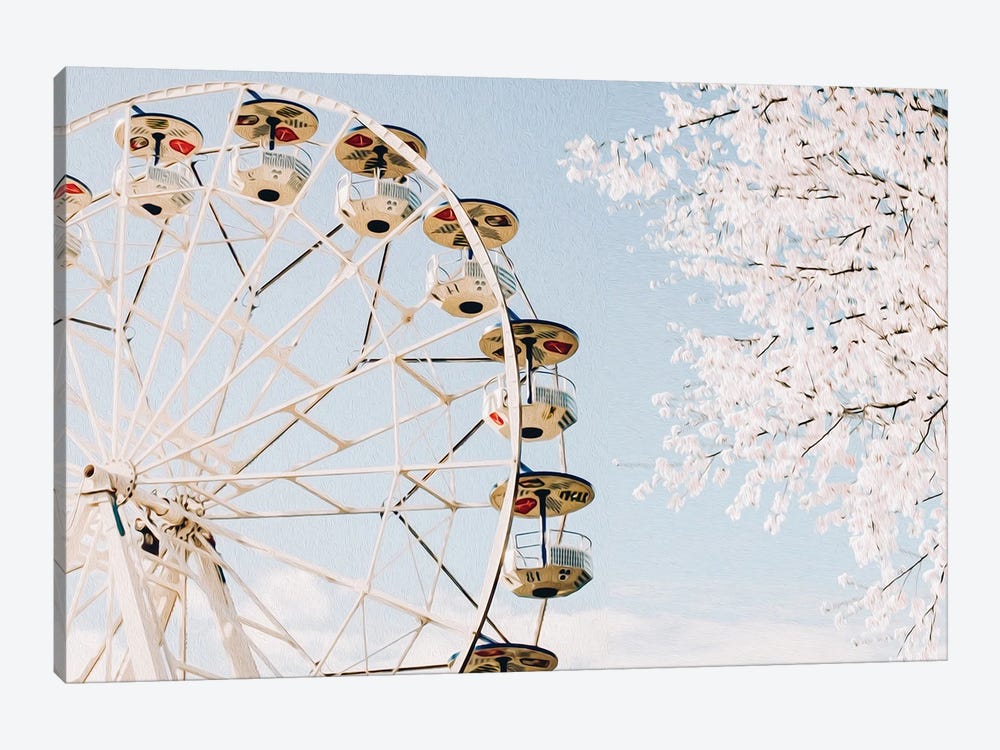 Blooming Cherry On The Background Of The Ferris Wheel In Spring by Ievgeniia Bidiuk 1-piece Canvas Art Print