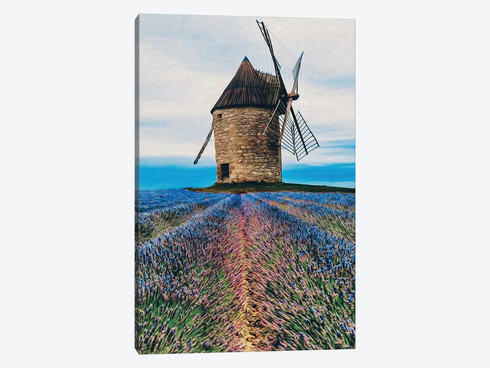 Blooming Lavender Field Against The Background Of The Old Mill by Ievgeniia Bidiuk 1-piece Canvas Artwork