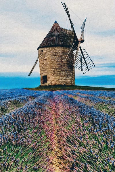 Ievgeniia Bidiuk: Blooming Lavender Field Against The Background Of The Old Mill by Ievgeniia Bidiuk
