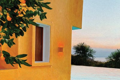 A Branch Of A Tangerine Tree Against The Background Of A Yellow House By The Sea by Ievgeniia Bidiuk framed wall art