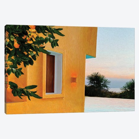 A Branch Of A Tangerine Tree Against The Background Of A Yellow House By The Sea Canvas Print #IVG319} by Ievgeniia Bidiuk Canvas Wall Art