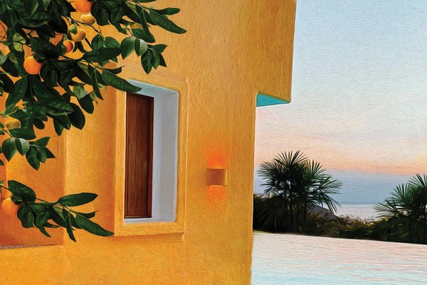 Ievgeniia Bidiuk: A Branch Of A Tangerine Tree Against The Background Of A Yellow House By The Sea by Ievgeniia Bidiuk