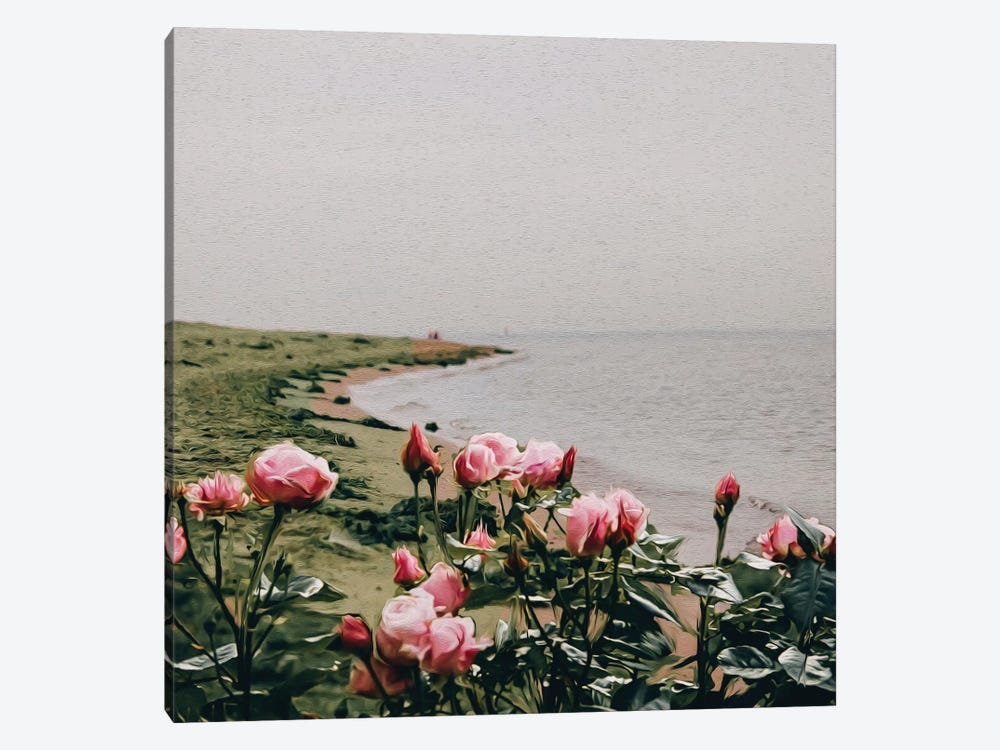 A Bush Of Pink Roses Growing On The Seashore by Ievgeniia Bidiuk 1-piece Canvas Wall Art