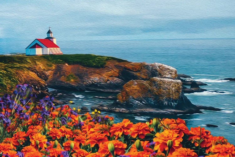 Church On A Rock By The Sea, View From A Blooming Meadow