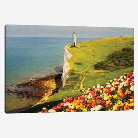 Blooming Ranunculus On The Background Of A Hill With A Lighthouse Canvas Print #IVG322} by Ievgeniia Bidiuk Canvas Print