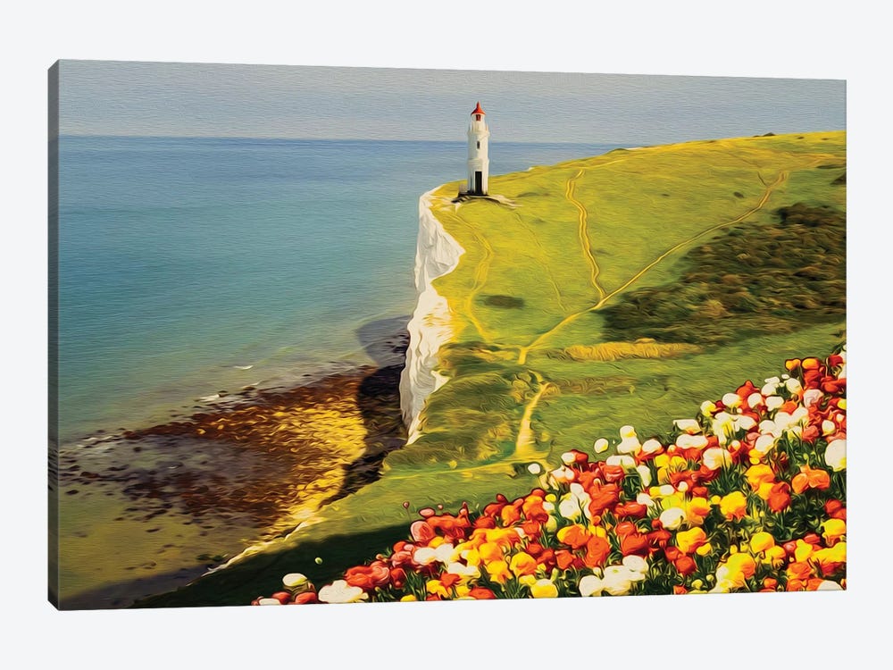 Blooming Ranunculus On The Background Of A Hill With A Lighthouse by Ievgeniia Bidiuk 1-piece Canvas Artwork