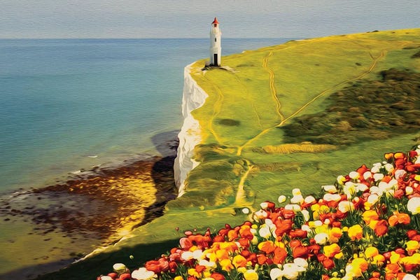 Ievgeniia Bidiuk: Blooming Ranunculus On The Background Of A Hill With A Lighthouse by Ievgeniia Bidiuk