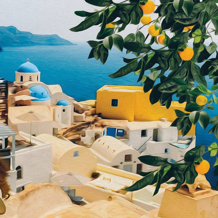 Mandarin Branch With Fruits On Santorini Background