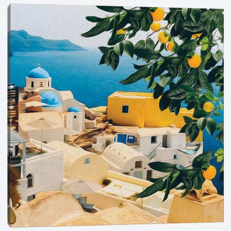 Mandarin Branch With Fruits On Santorini Background Canvas Print #IVG323} by Ievgeniia Bidiuk Canvas Print